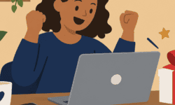 Woman celebrates winning an online competition, with a laptop and wrapped prize on the table.