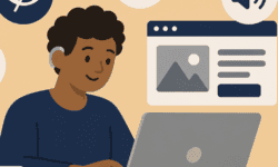Illustration of a person using a laptop, surrounded by symbols representing keyboard access, visual accessibility, hearing and audio features.