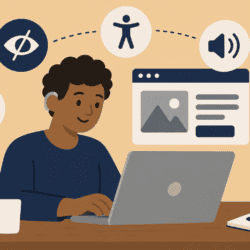 Illustration of a person using a laptop, surrounded by symbols representing keyboard access, visual accessibility, hearing and audio features.