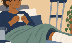 flat cartoon image ofPerson recovering at home with a bandaged leg raised on cushions, with crutches nearby.