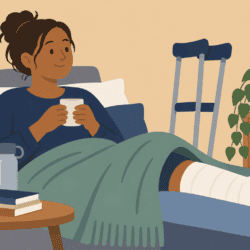 flat cartoon image ofPerson recovering at home with a bandaged leg raised on cushions, with crutches nearby.